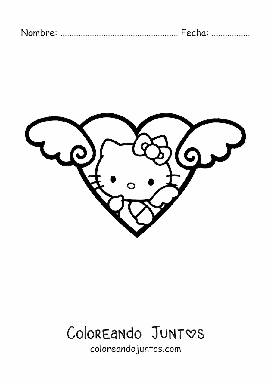 Imagen para colorear de Hello Kitty vestida de ángel dentro de un corazón con alas