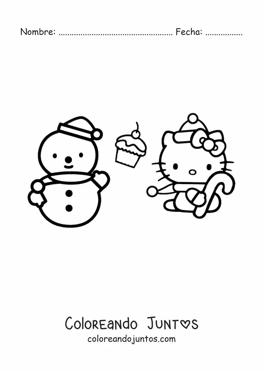 Imagen para colorear de Hello Kitty vestida de Navidad junto a un muñeco de nieve