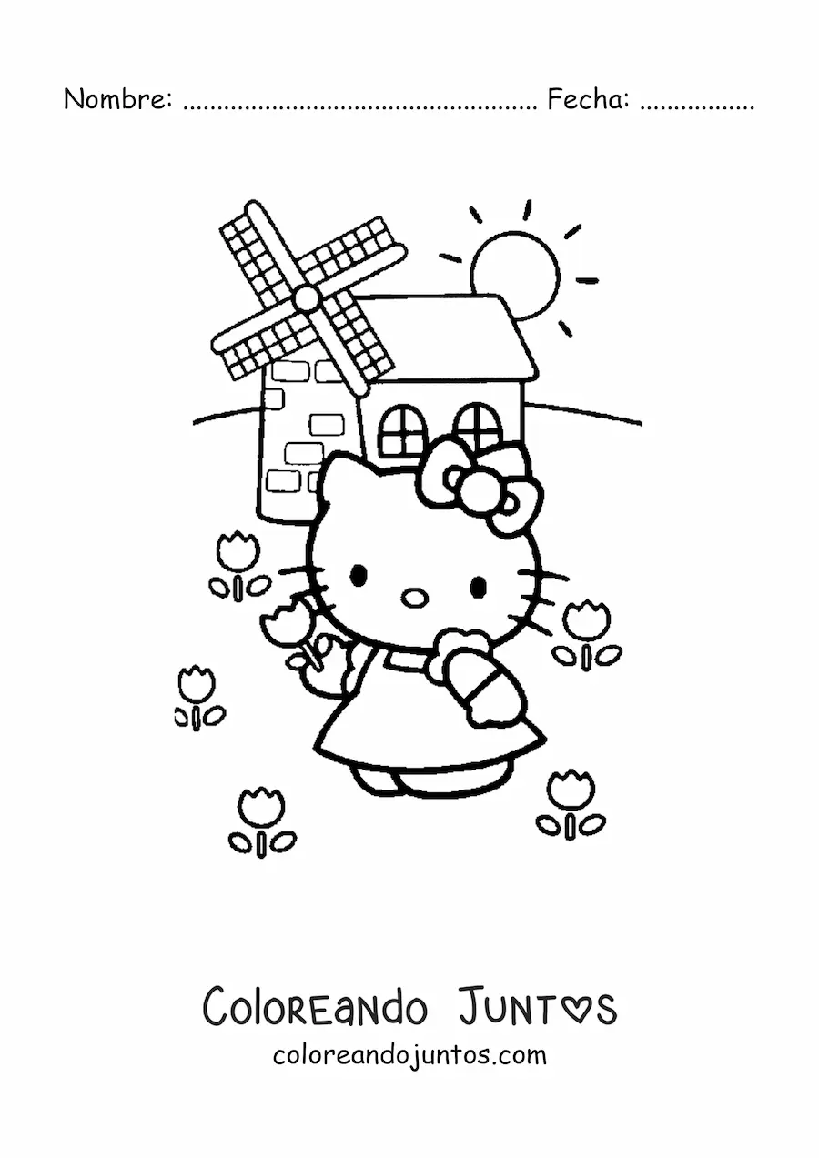 Imagen para colorear de Hello Kitty en un jardín junto a un molino