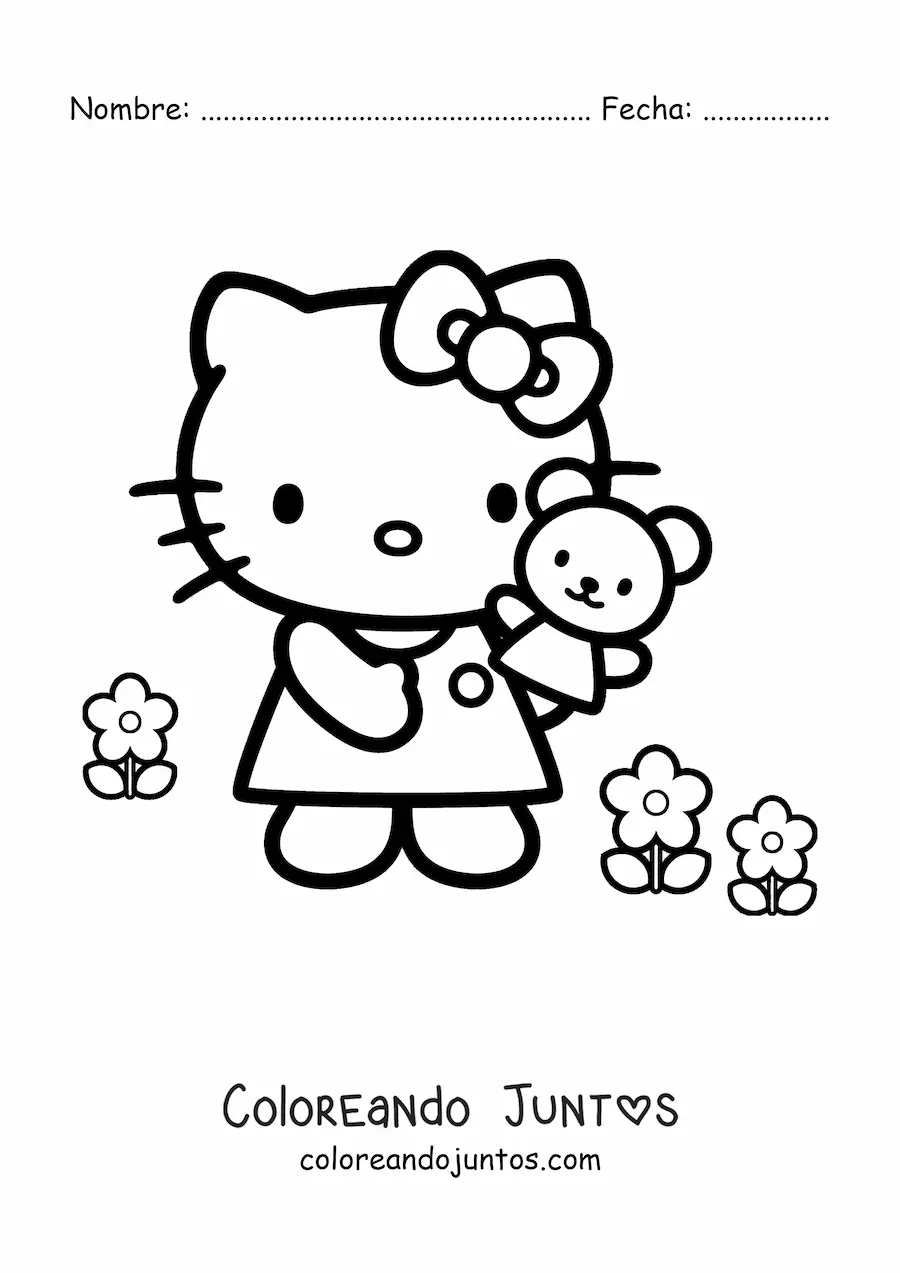 Imagen para colorear de Hello Kitty entre varias flores sosteniendo un osito en su mano