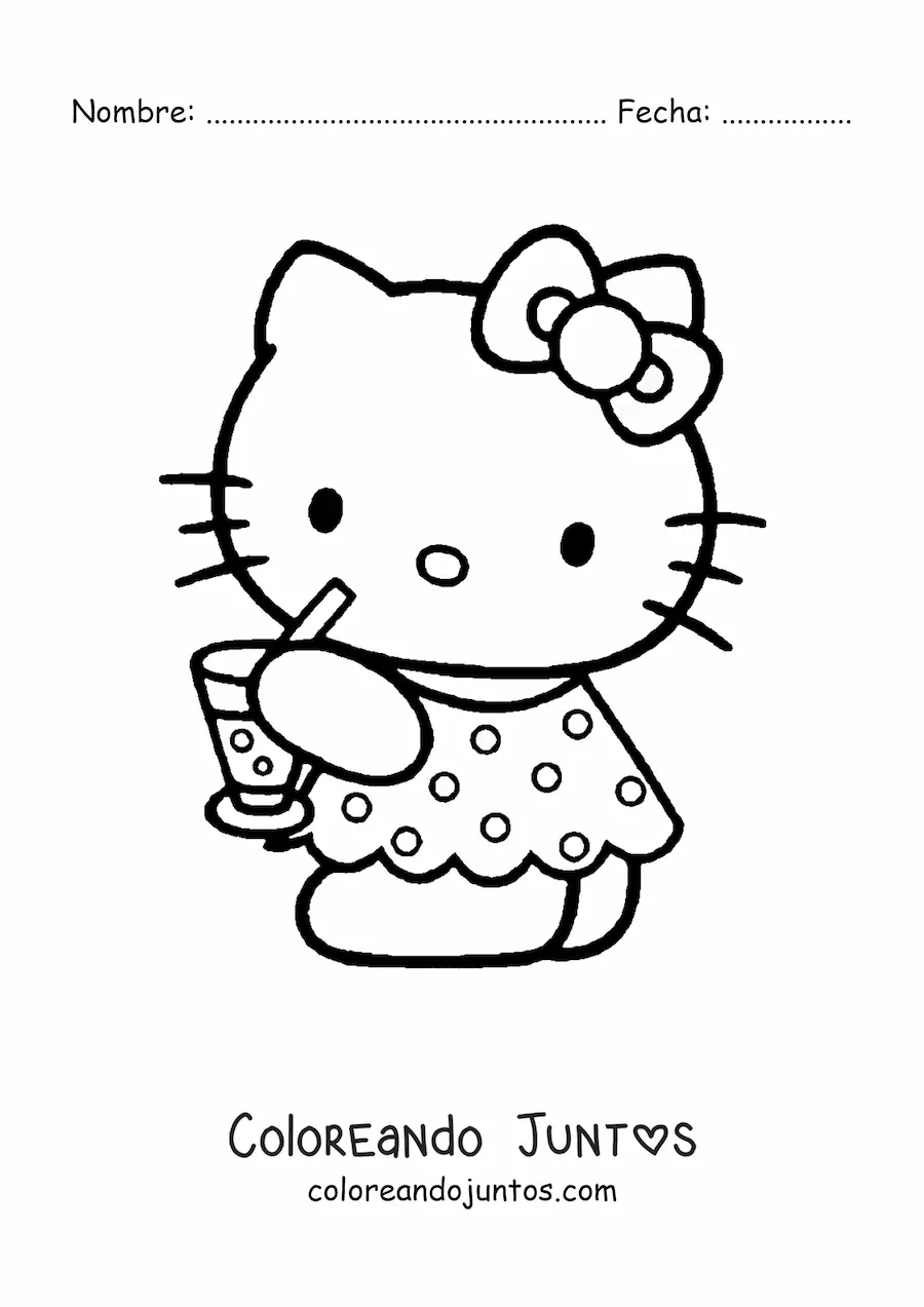 Imagen para colorear de Hello Kitty vestida de verano bebiendo una soda