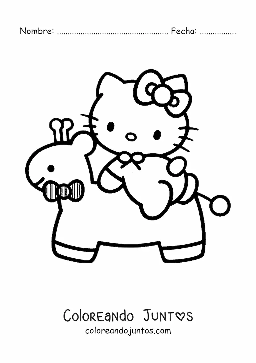 Imagen para colorear de Hello Kitty bebé sobre una jirafa de juguete