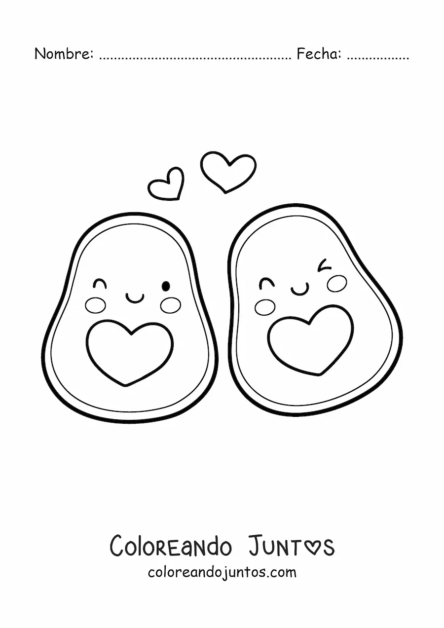 Imagen para colorear de una pareja de aguacates kawaii con corazones en el aire