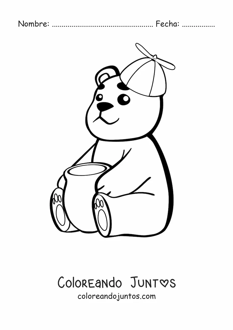 Imagen para colorear de un oso bebe kawaii animado con un tarro de miel