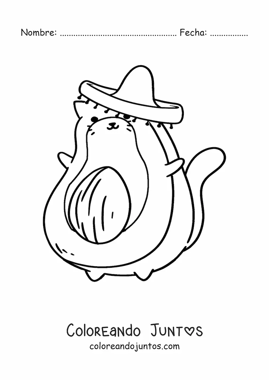 Imagen para colorear de un gato animado con forma de aguacate usando un sombrero mexicano