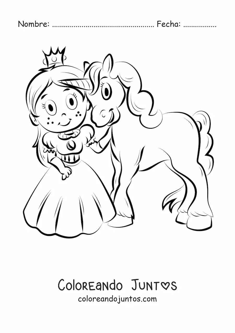 Imagen para colorear animada de una niña princesa con un unicornio