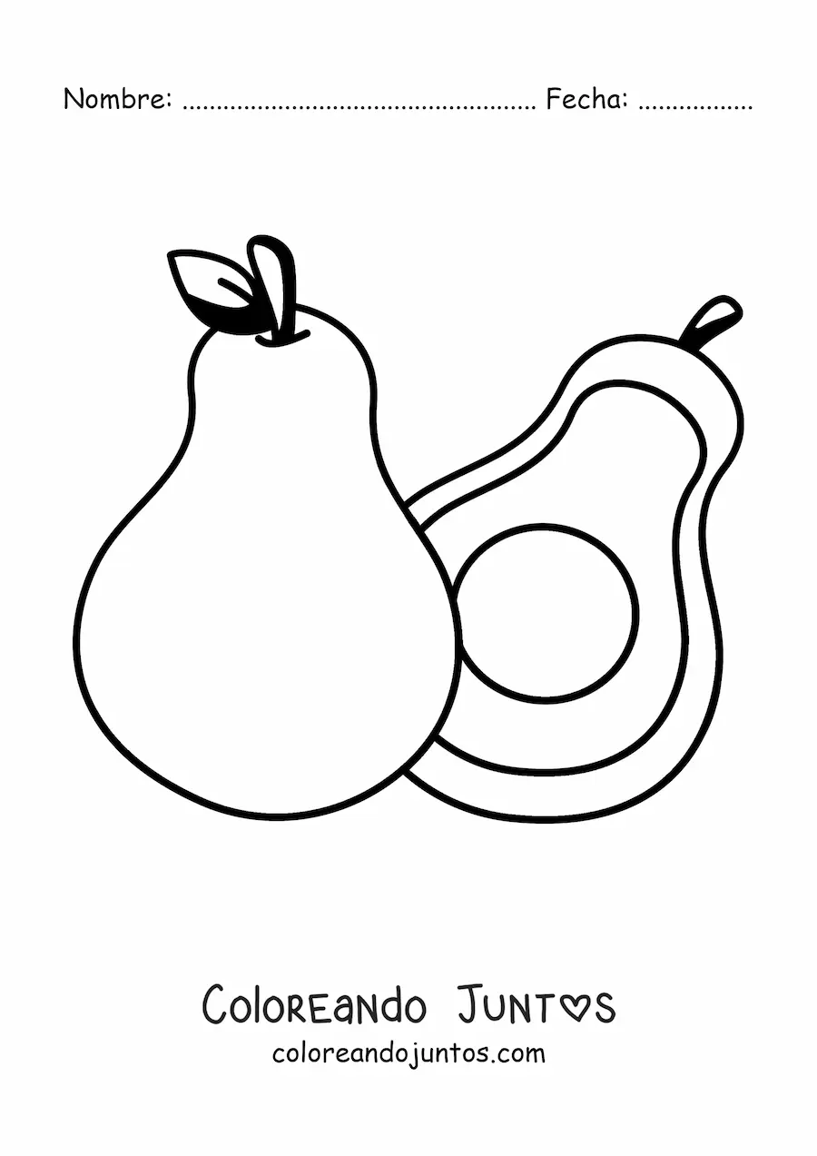Imagen para colorear de una palta entera junto a media palta