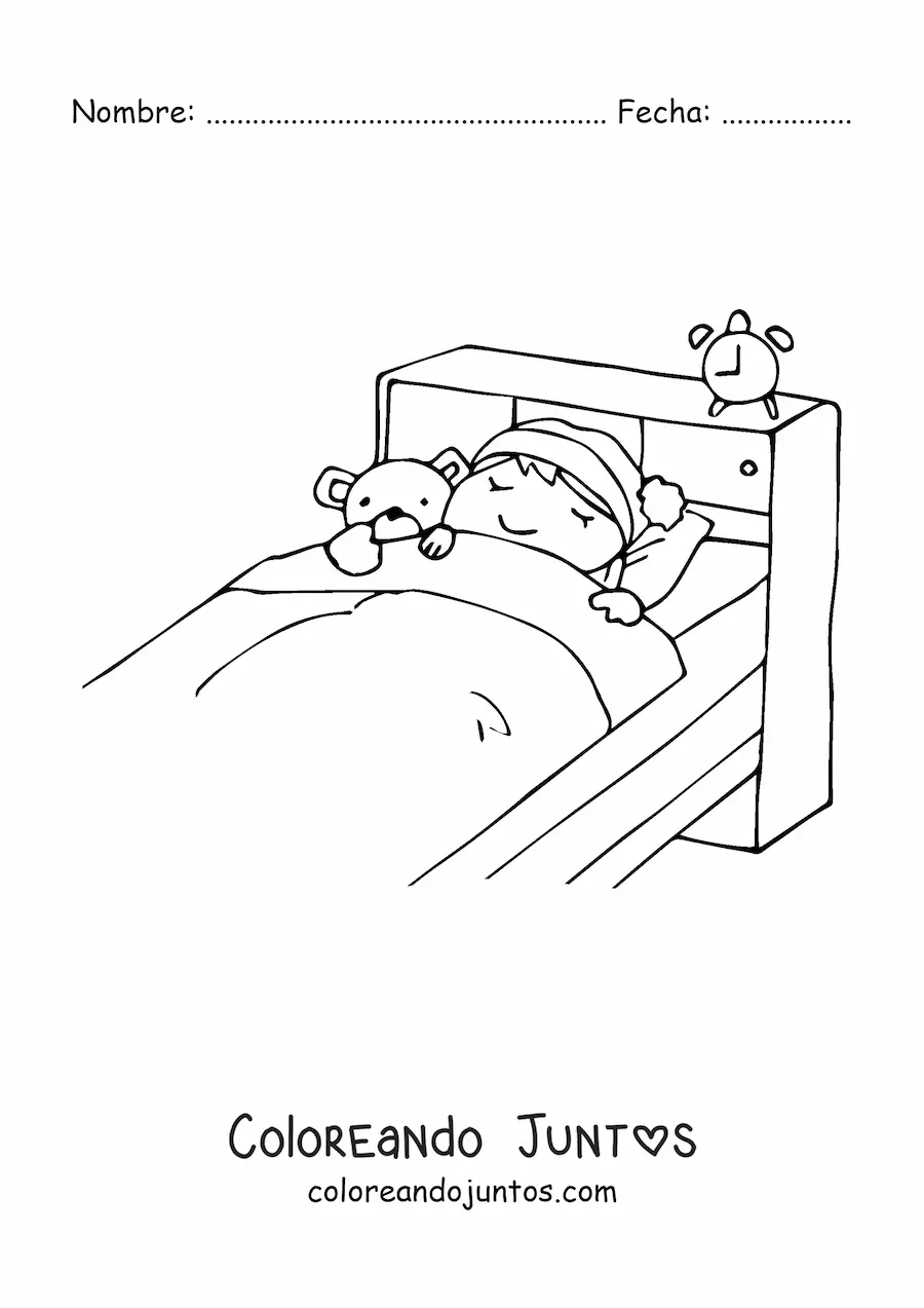 Niña durmiendo en la cama con oso de peluche | Coloreando Juntos