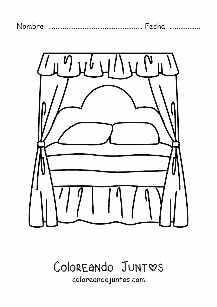 Imagen para colorear de una cama antigua con dosel y dos almohadas