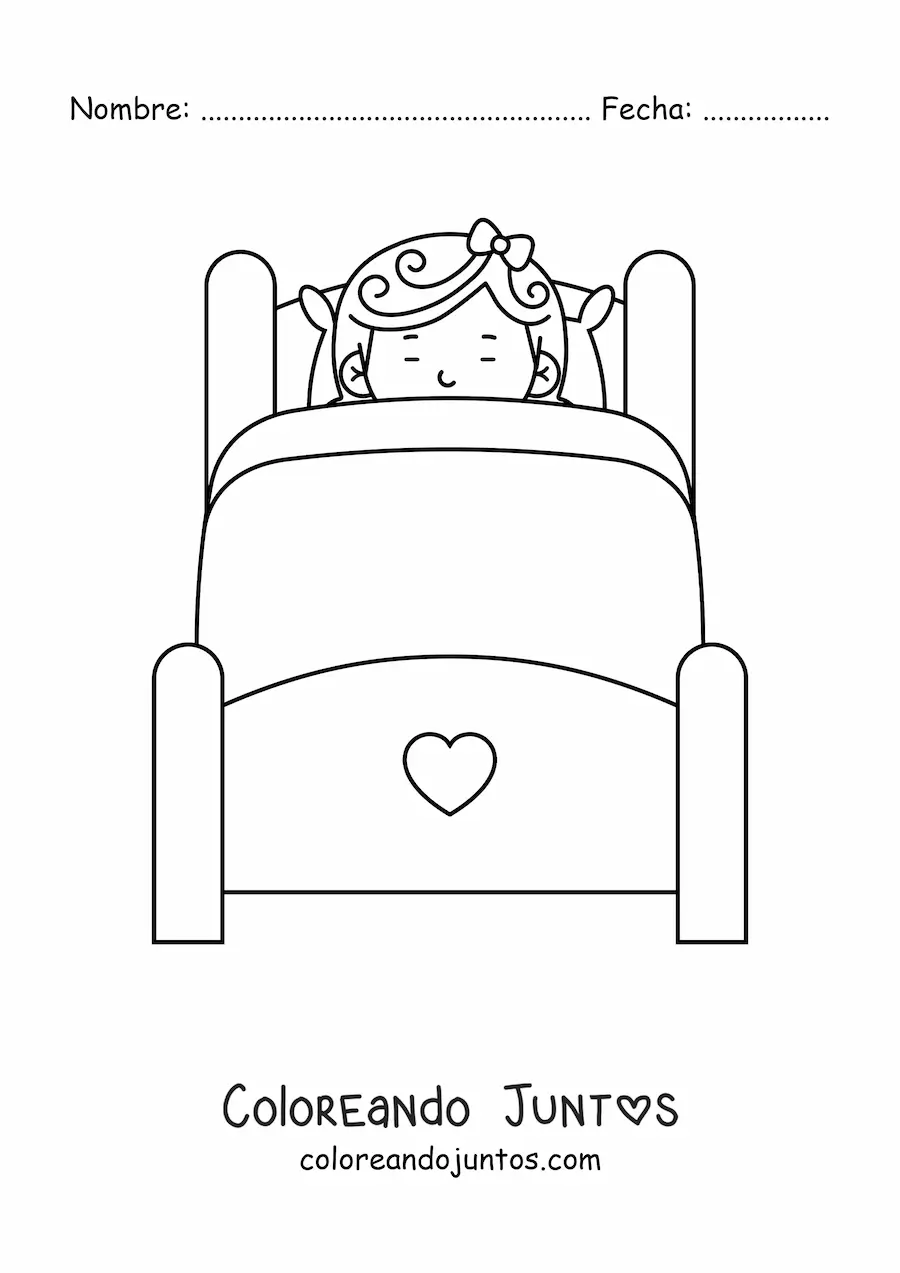 Imagen para colorear de una cama de madera con una niña durmiendo arropada