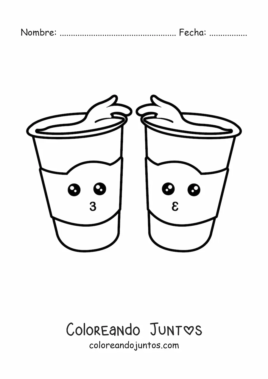 Imagen para colorear de dos vasos kawaii animados rebosados con café