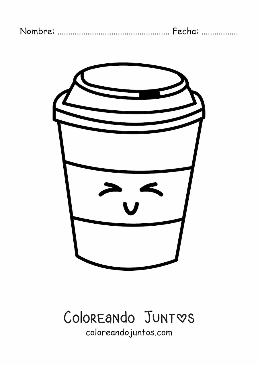 Imagen para colorear de un vaso de café animado sonriendo con los ojos cerrados