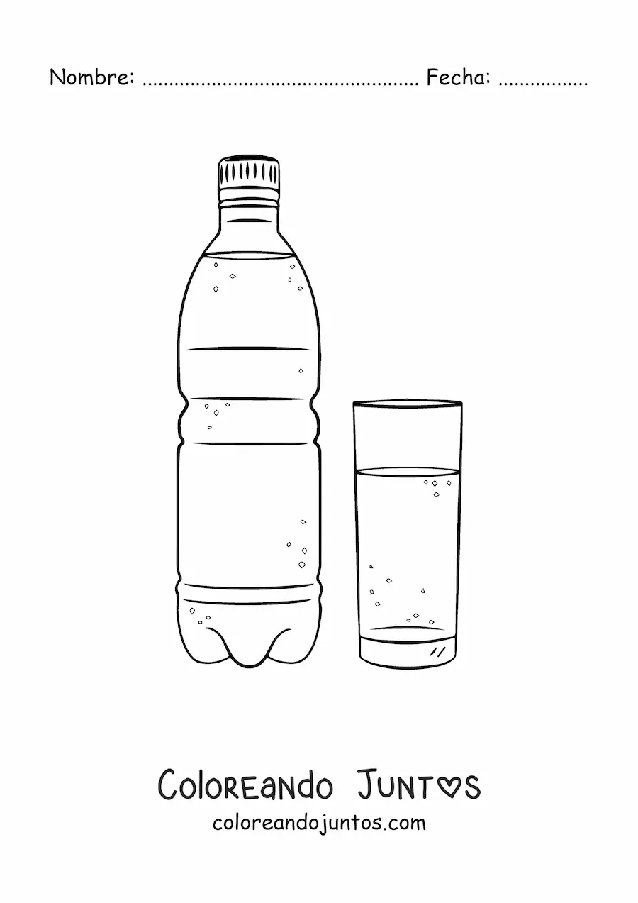 Imagen para colorear de una botella junto a un vaso de vidrio lleno con agua