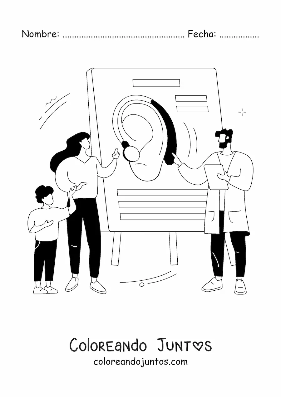 Imagen para colorear de un doctor explicando a sus pacientes cómo funciona la audición