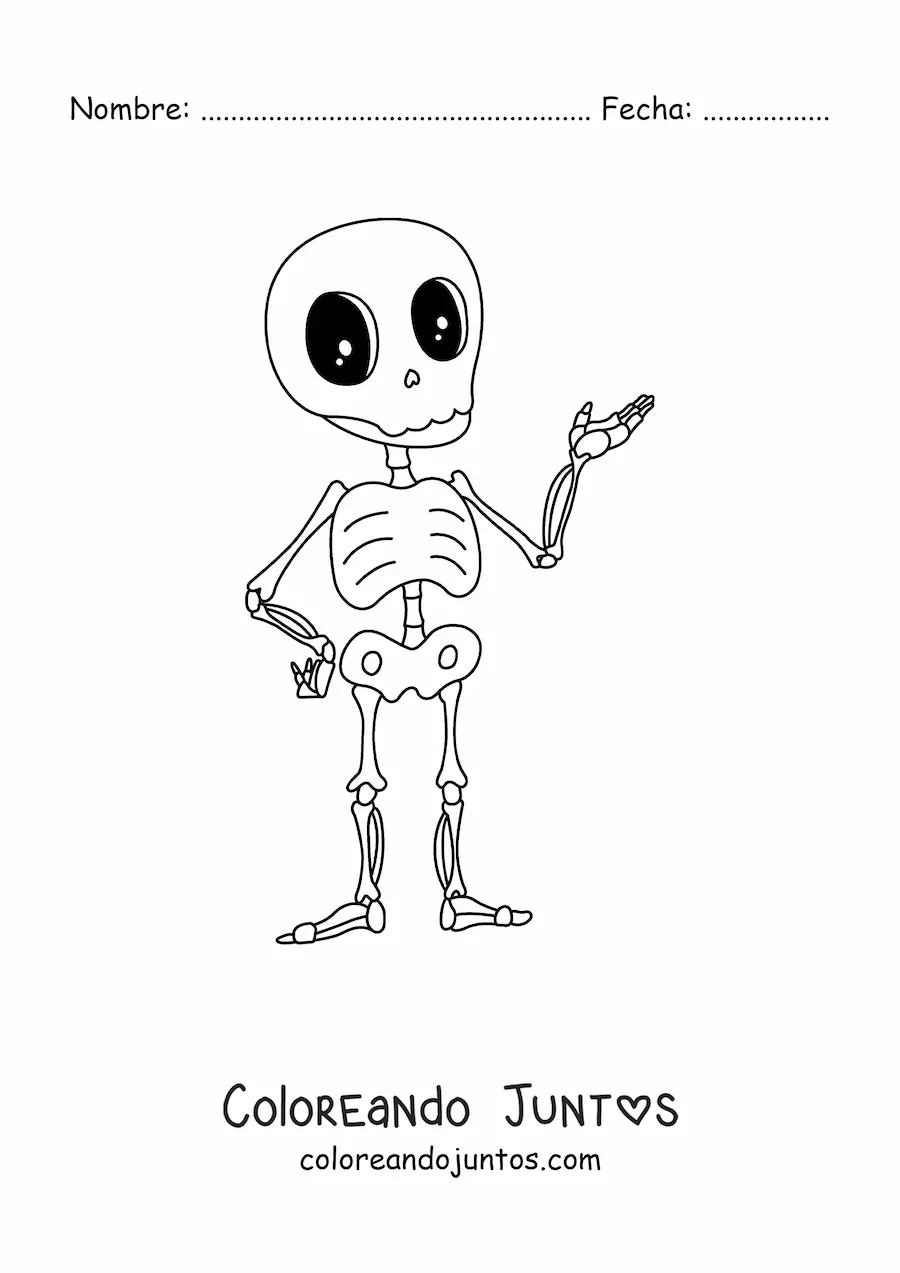 Imagen para colorear de un esqueleto humano kawaii animado con ojos brillantes