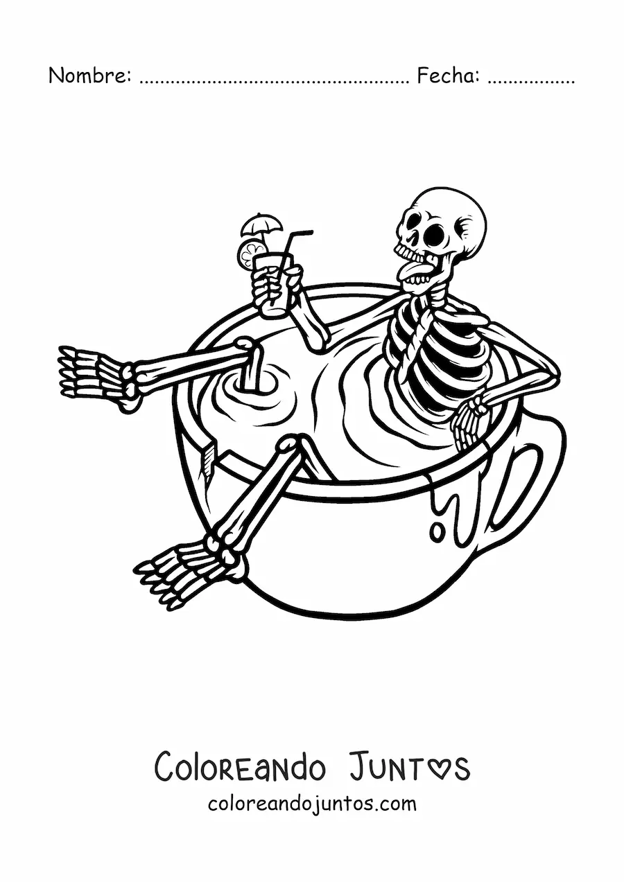 Imagen para colorear de un esqueleto humano animado tomando una bebida refrescante sentado dentro de una taza llena