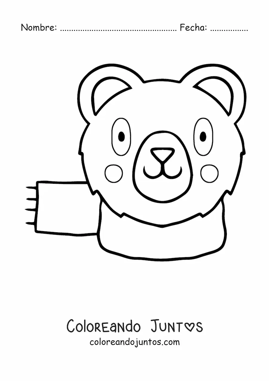 Imagen para colorear de la cara de un oso kawaii animado con bufanda