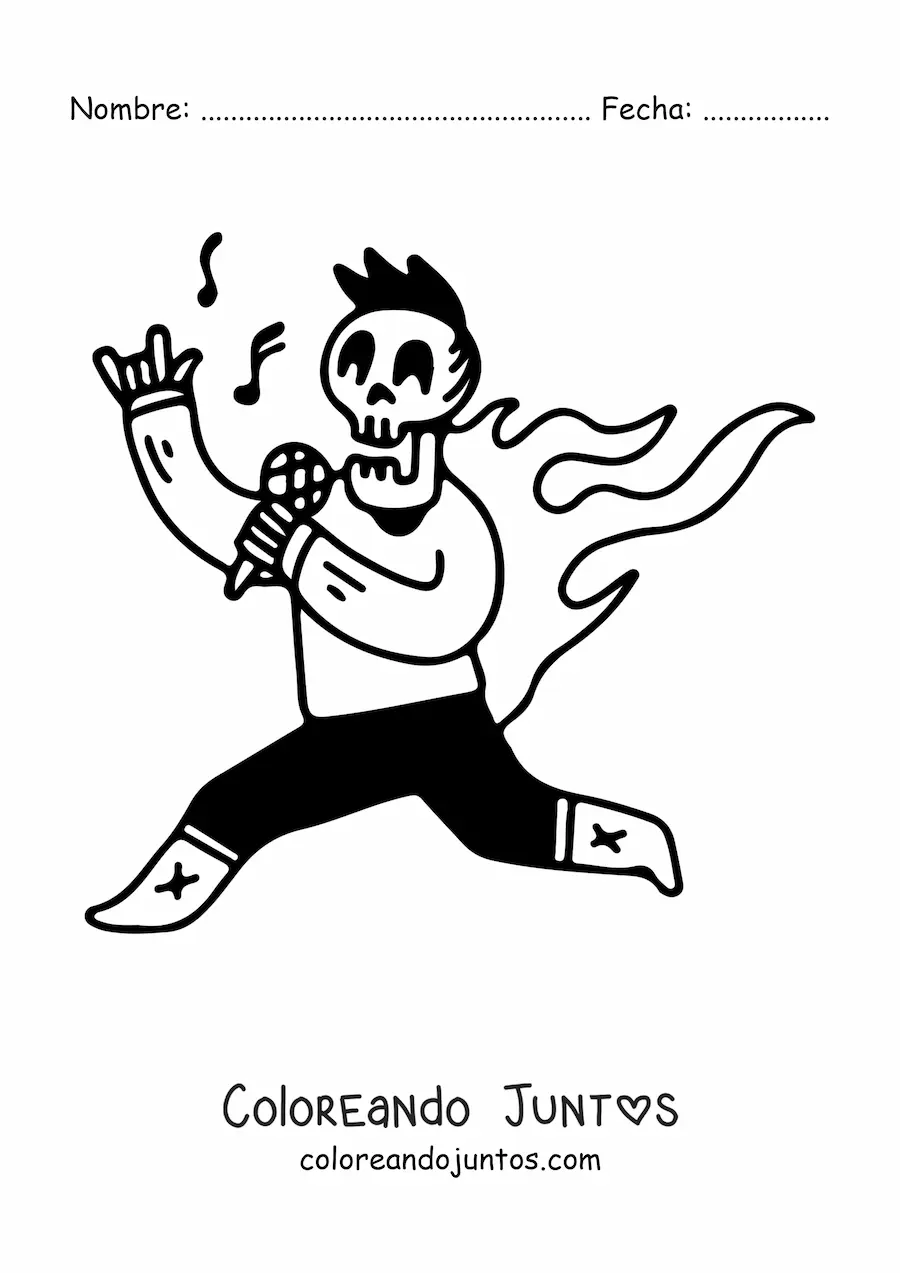 Imagen para colorear de un esqueleto humano vestido cantando rock con llamas en la espalda