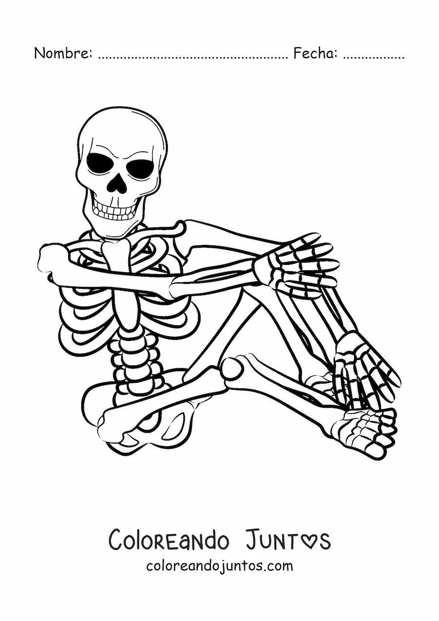 Imagen para colorear de un esqueleto humano posando sentado en el piso con una pierna recogida