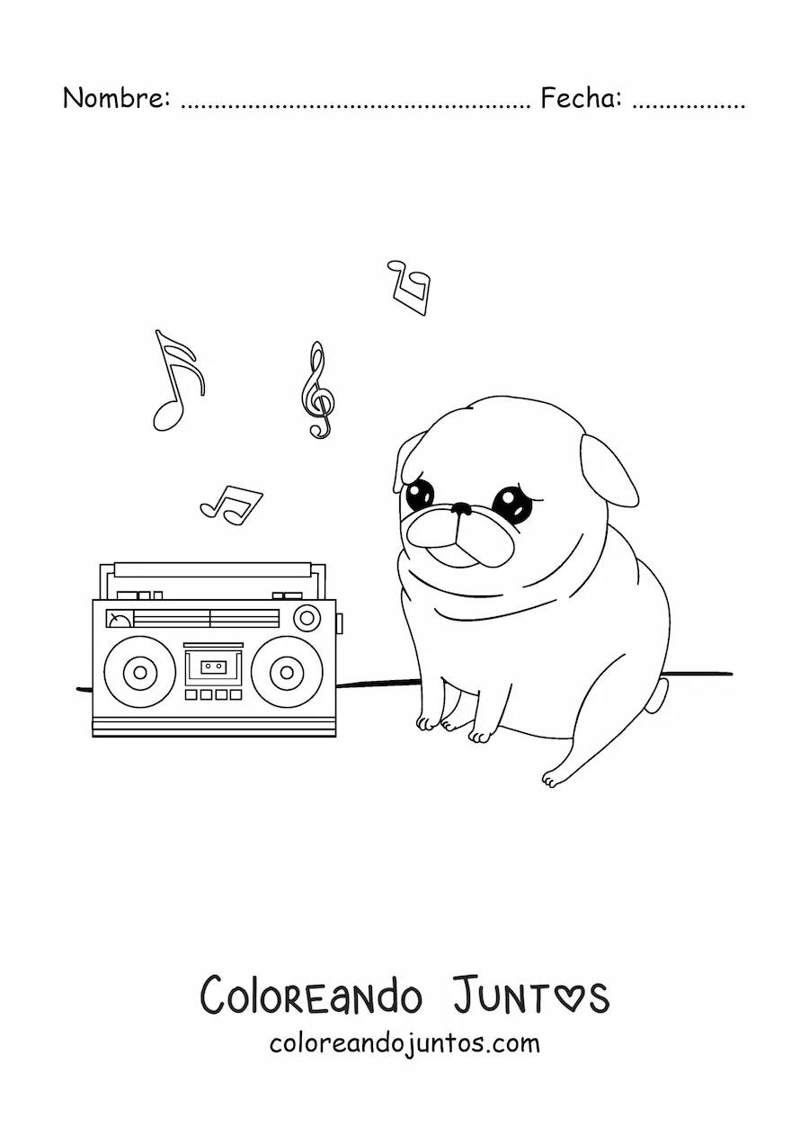 Imagen para colorear de un pug kawaii escuchando música en la radio con notas musicales en el aire