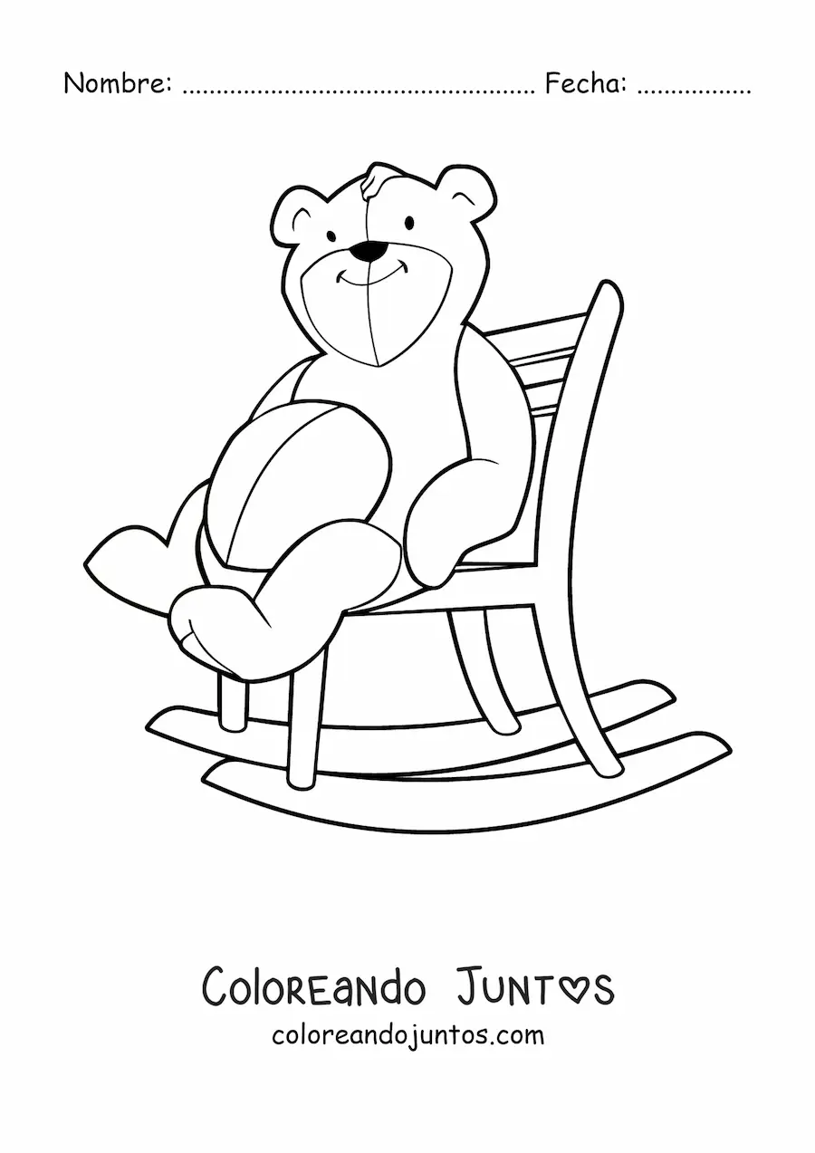 Imagen para colorear de un oso de peluche sentado sobre una mecedora