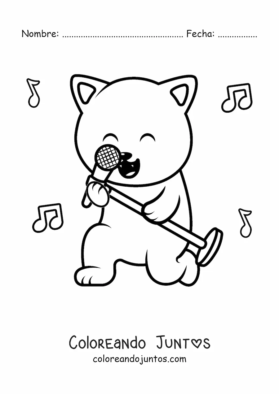 Imagen para colorear de un gato animado cantando con micrófono con notas musicales de fondo