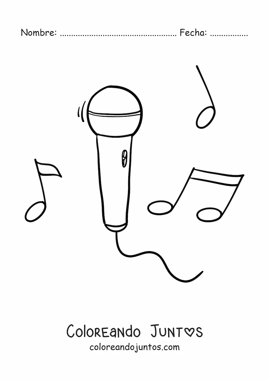 Imagen para colorear de un micrófono con notas musicales de fondo