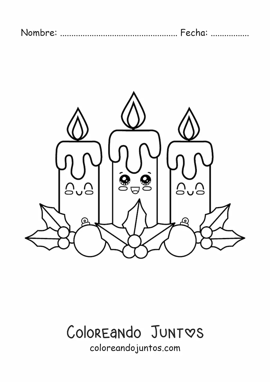 Imagen para colorear de tres velas de Adviento kawaii animadas con muérdago y bambalinas