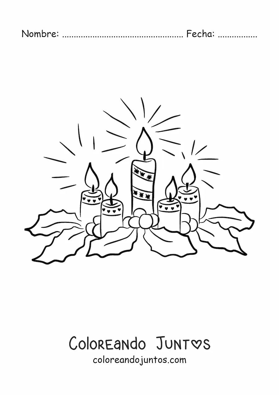 Imagen para colorear de cinco velas de Adviento con muérdago