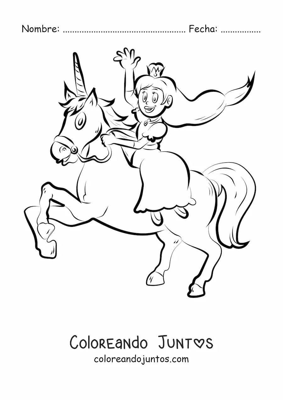 Imagen para colorear de una princesa montando un unicornio y saludando