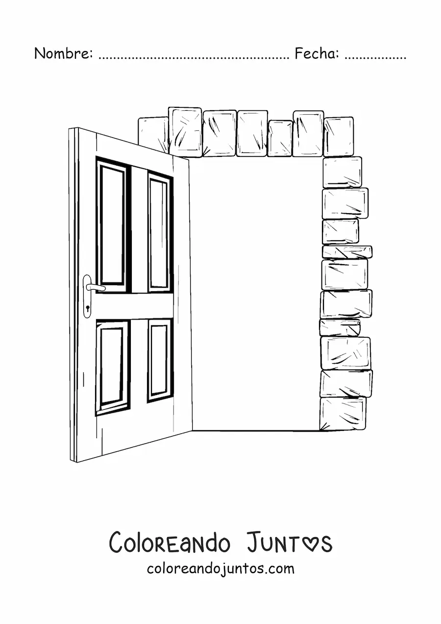 Imagen para colorear de una puerta de madera abierta con marco de ladrillos