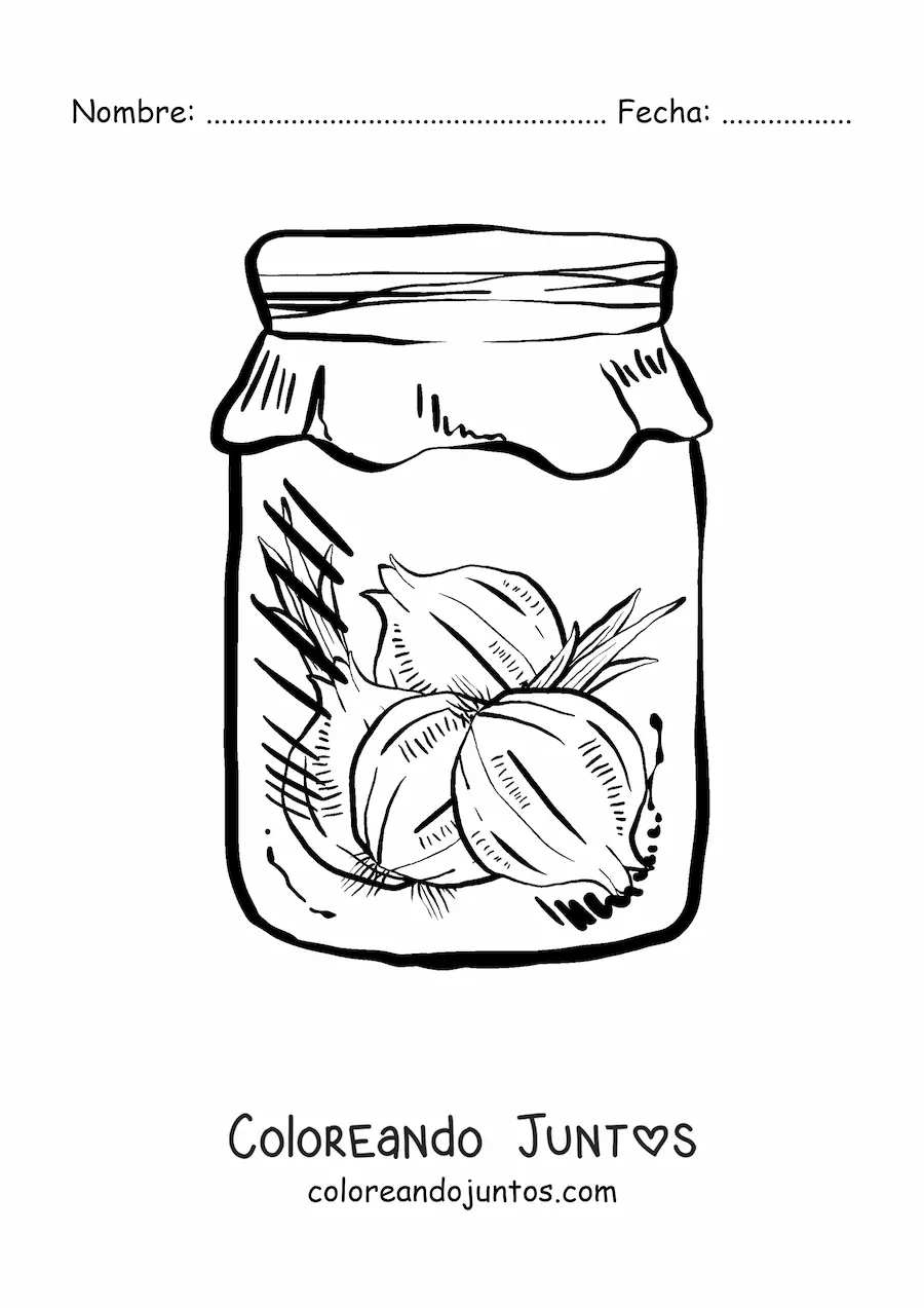 Imagen para colorear de un frasco de vidrio con cebollas
