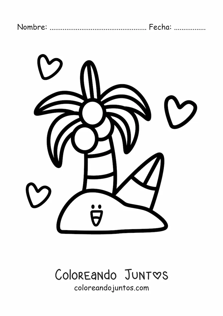 Imagen para colorear de una isla animada kawaii con una palmera y corazones de fondo