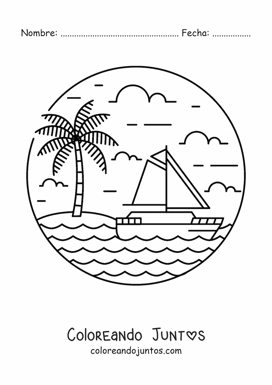Imagen para colorear de una isla con una palmera y un velero