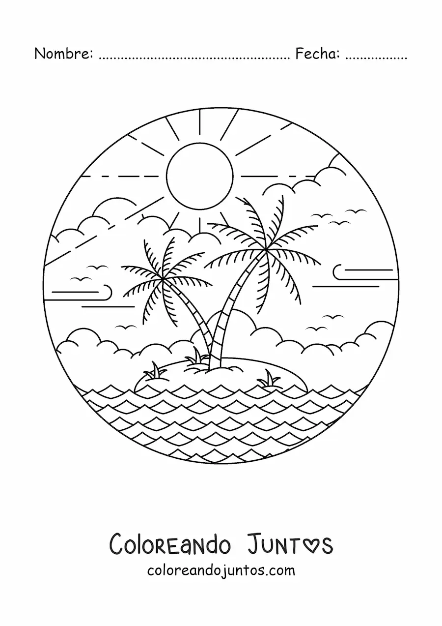 Imagen para colorear de una isla paradisíaca con Sol y 2 palmeras