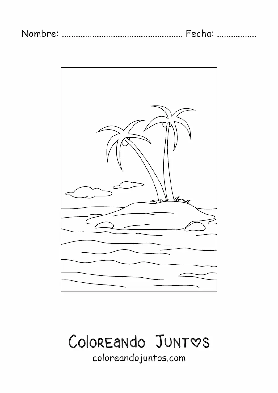 Imagen para colorear de un paisaje de una isla con 2 palmeras