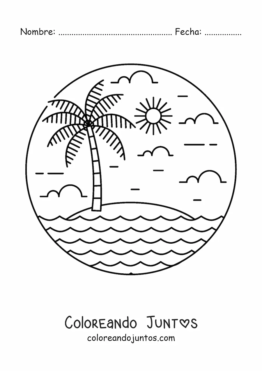Imagen para colorear de una isla desierta con palmera y Sol
