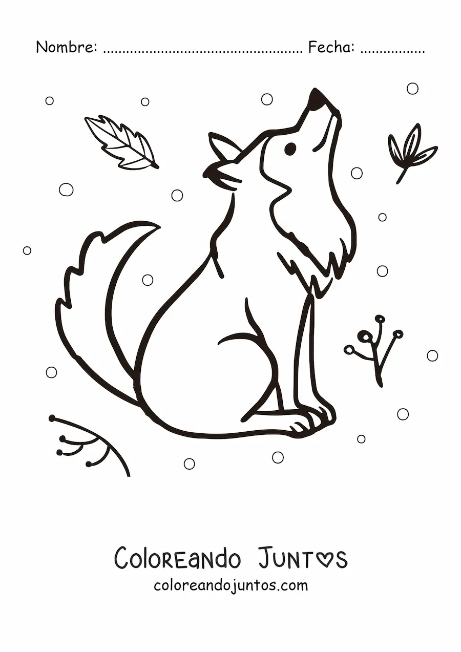Imagen para colorear de un lobo kawaii sentado mirando hacia arriba con hojas alrededor