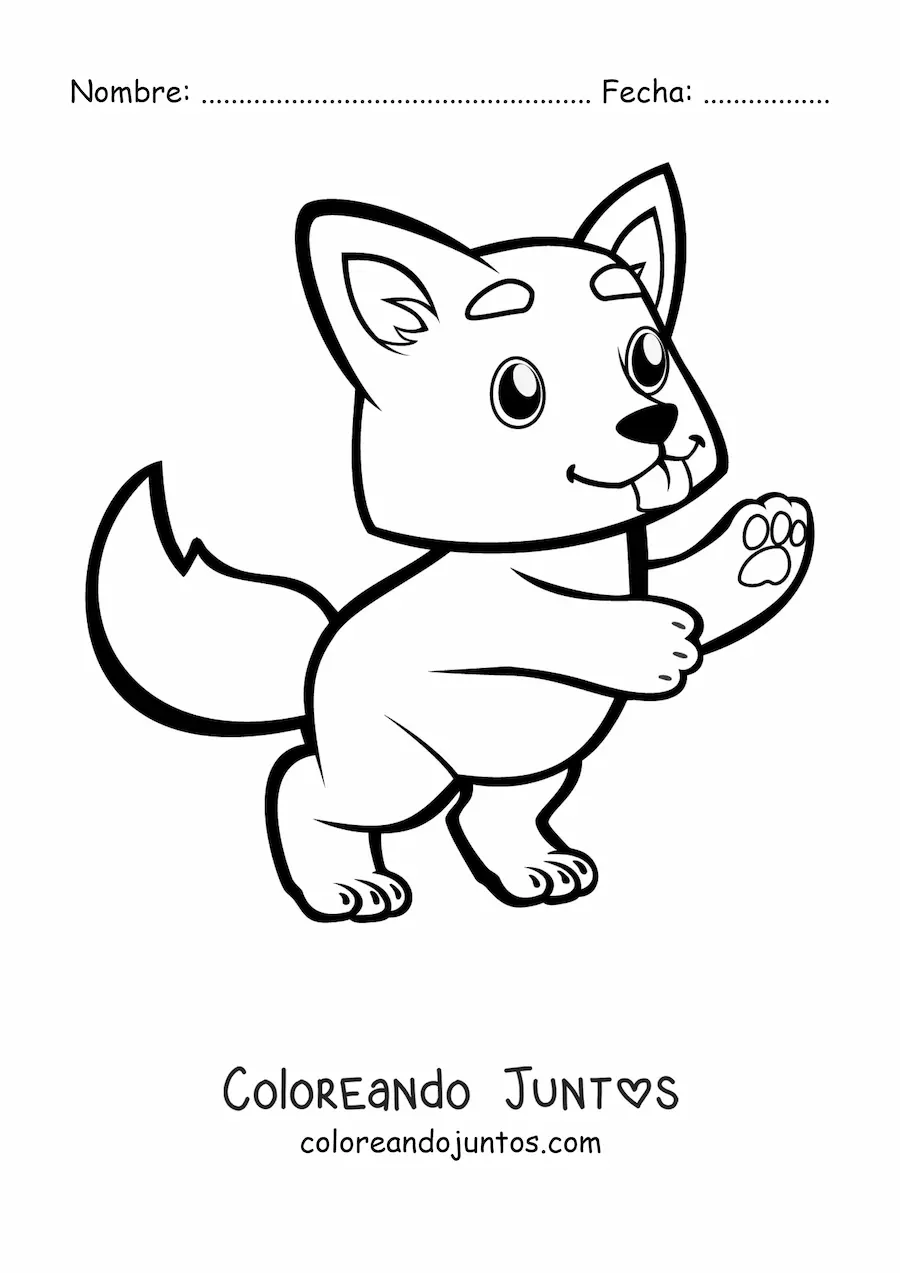 Imagen para colorear de un lobo bebé animado kawaii en dos patas sacando la lengua