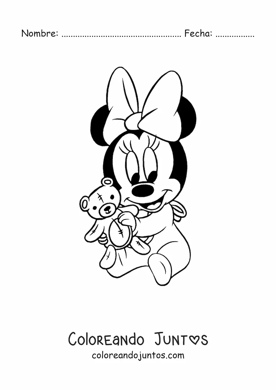 Imagen para colorear de Minnie bebé kawaii con un oso de felpa
