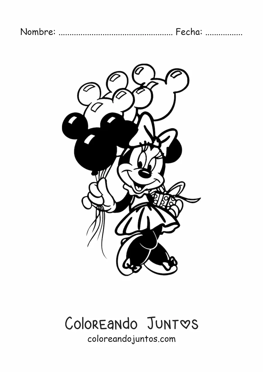 Imagen para colorear de Minnie con un regalo y globos de cumpleaños con forma de Mickey
