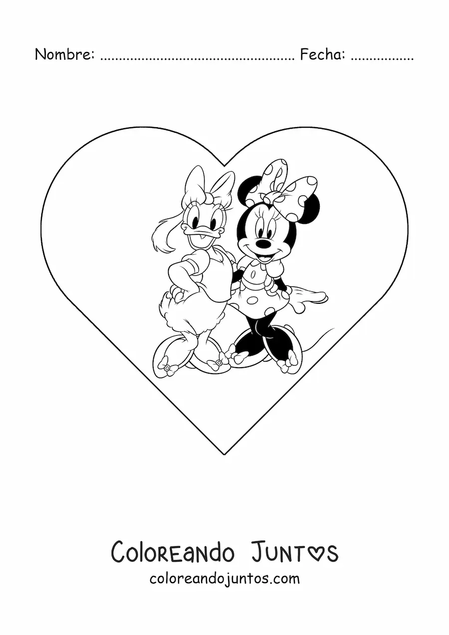 Imagen para colorear de Minnie y Daisy con corazón de fondo