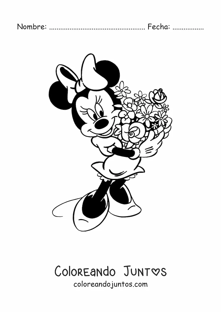 Imagen para colorear de Minnie con un ramo de flores