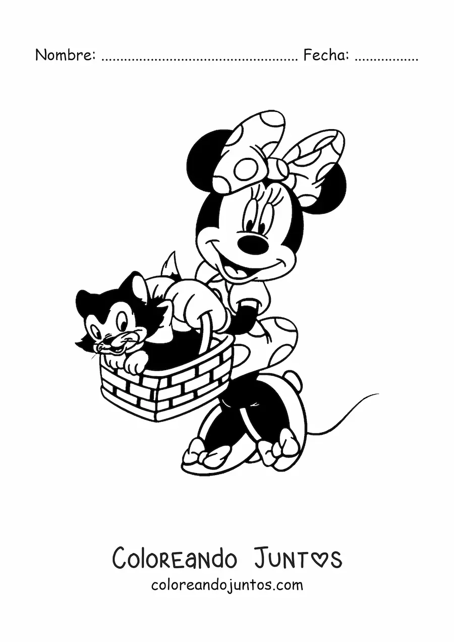 Imagen para colorear de Minnie llevando a su gato Fígaro en una cesta