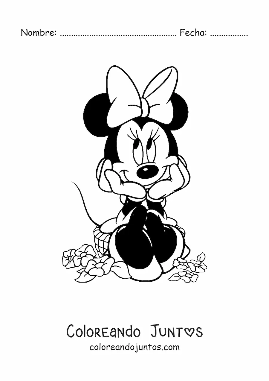 Imagen para colorear de Minnie sentada sobre flores con ojos mirando hacia arriba a la izquierda