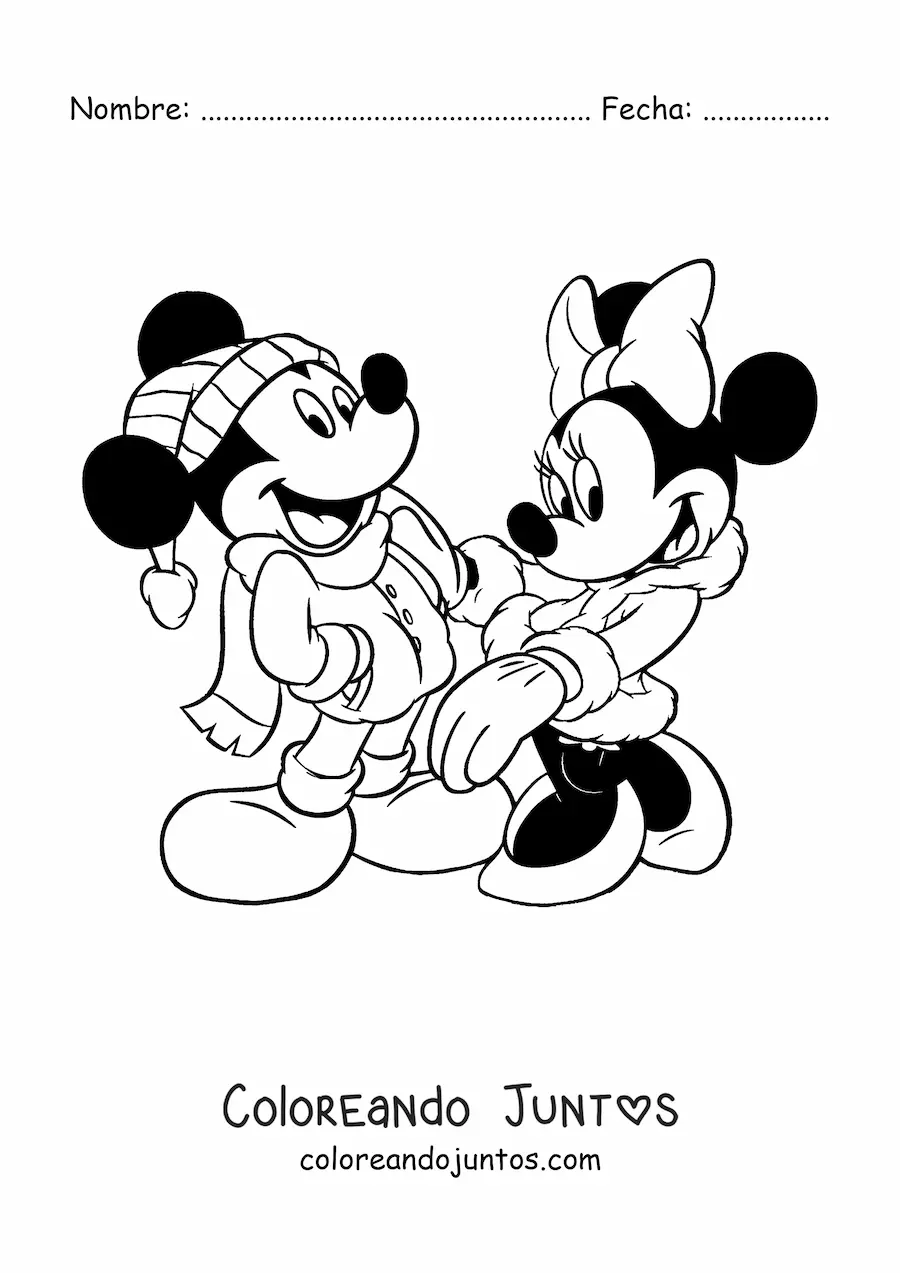 Imagen para colorear de Minnie y Mickey vestidos de invierno en Navidad