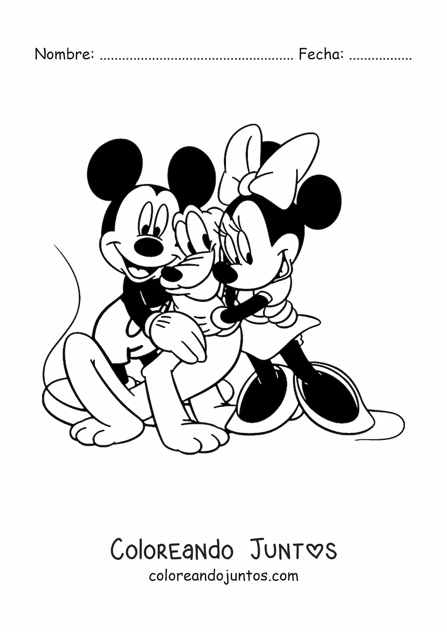 Imagen para colorear de Minnie y Mickey abrazando a Pluto