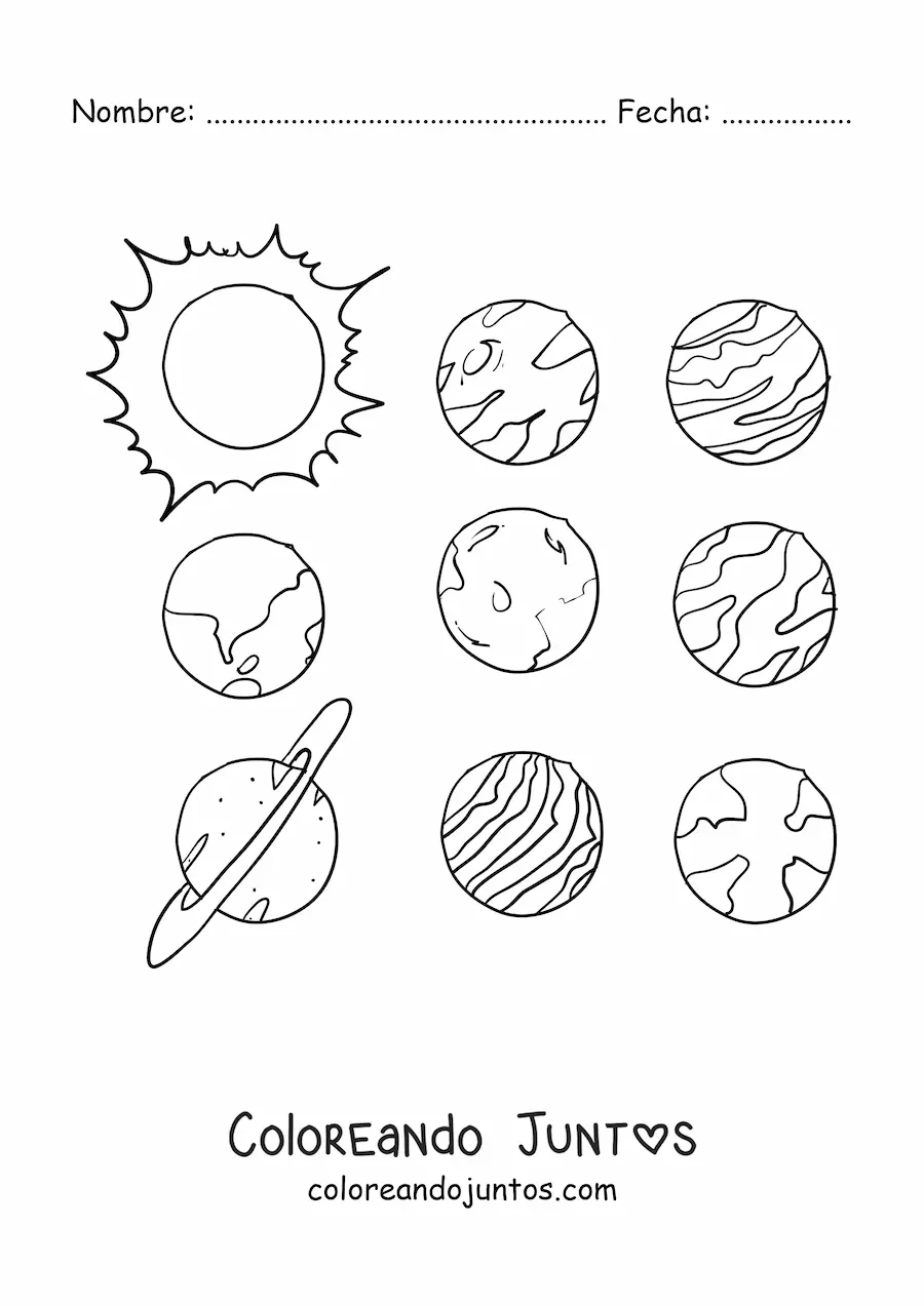Imagen para colorear de los planetas del Sistema Solar actual en filas
