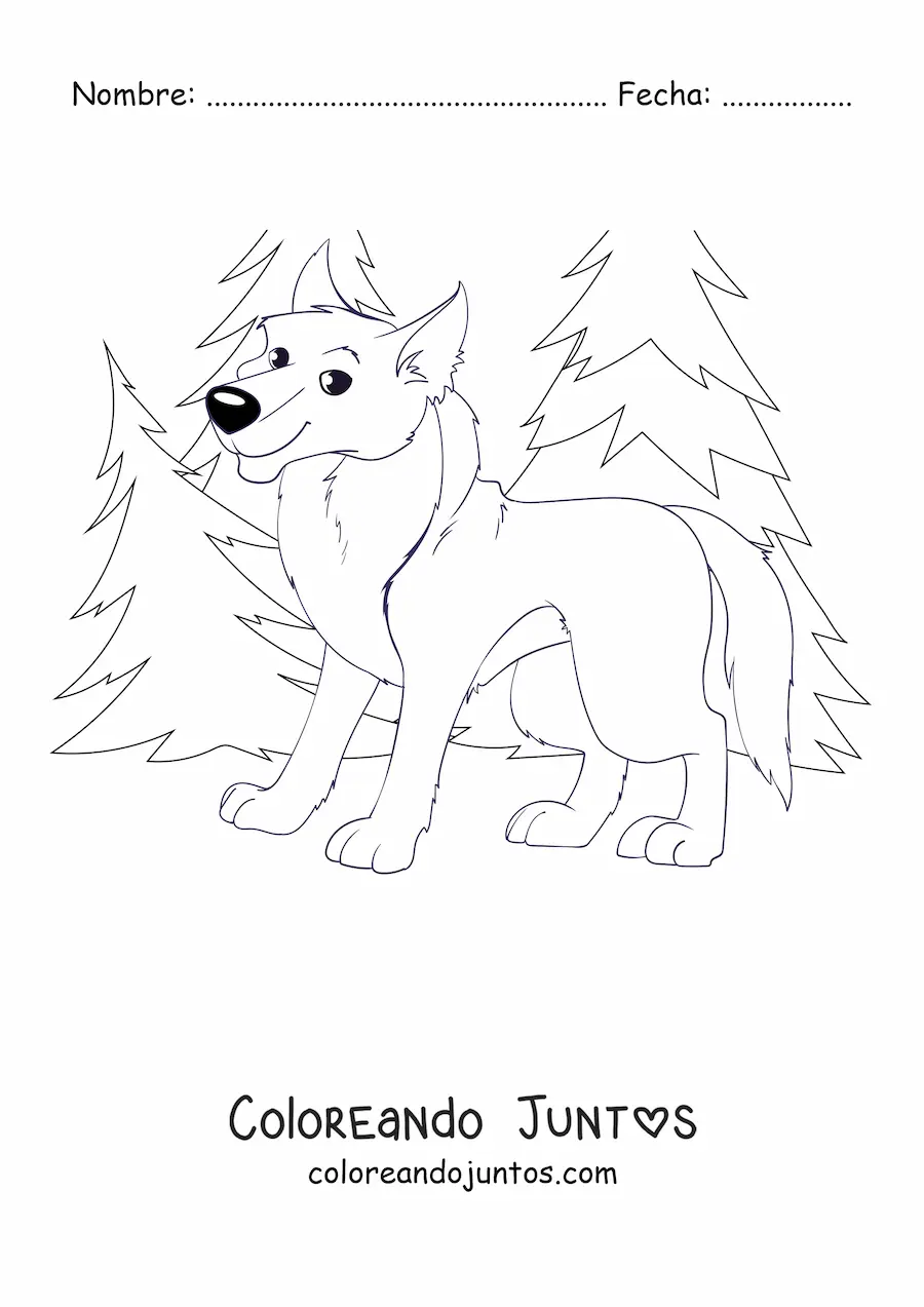 Imagen para colorear de un lobo animado sonriente en un bosque