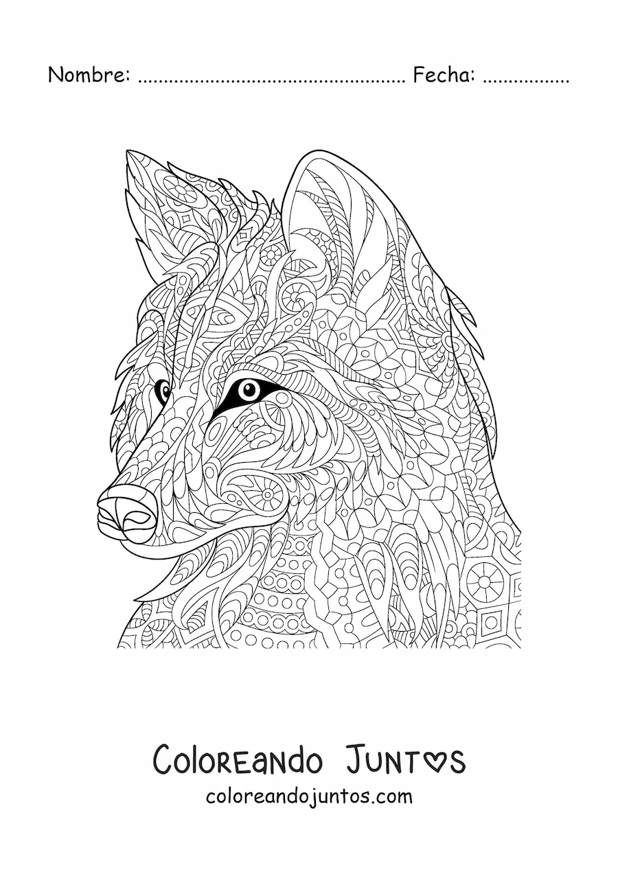 Imagen para colorear de un mandala de lobo difícil